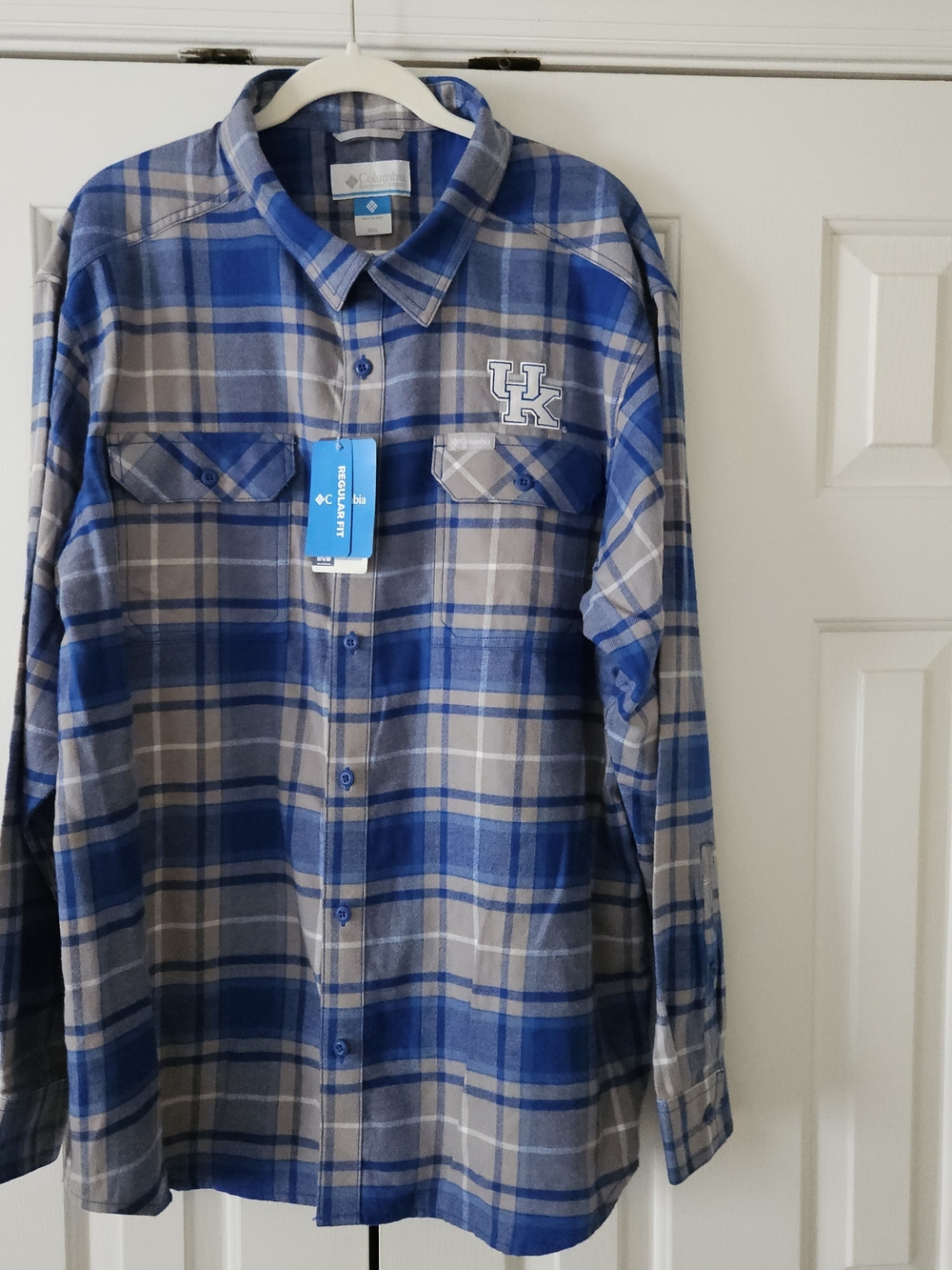 NWT Columbia Kentucky Wildcats UK Plaid Flannel Button-Up Men's 2XL Blue Gray.